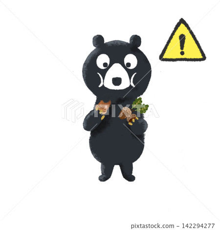 Illustration of a bear holding an acorn and a warning sign | Bear sighting warning / Warning about wild animals Illustration of a bear holding an acorn and a warning sign | Bear sighting warning / Warning about wild animals 142294277