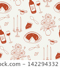 Whimsical Thanksgiving dinner seamless pattern with pies, wine, flowers, candles, gravy boats and serving utensils in monochrome terracotta line art on a cream background. Hand-drawn vector design. 142294332
