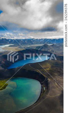 Aerial view of crater lakes with turquoise and green mineral water, ytra Iceland Aerial view of crater lakes with turquoise and green mineral water, ytra Iceland 142294376