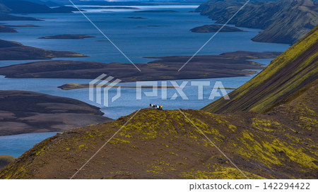 Aerial view of glacial lake system with moss-covered volcanic terrain, Iceland 142294422