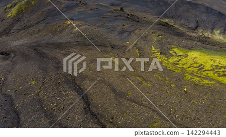 Aerial view of lava field with moss coverage and yellow lichen, Skaft?rhreppur Iceland Aerial view of lava field with moss coverage and yellow lichen, Skaft?rhreppur Iceland 142294443