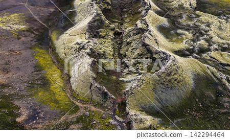 Top-down view of moss-covered lava rock formations with geothermal mineral deposits Top-down view of moss-covered lava rock formations with geothermal mineral deposits 142294464