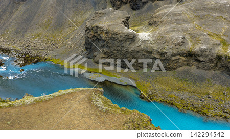 Aerial view of geothermal springs with turquoise water and moss-covered lava field, ytra Iceland 142294542