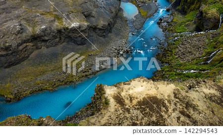 Aerial view of glacial river canyon with turquoise meltwater, ytra Iceland Aerial view of glacial river canyon with turquoise meltwater, ytra Iceland 142294543