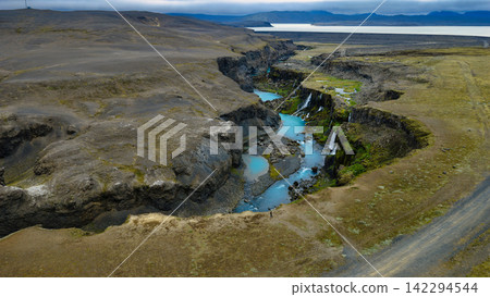 Aerial view of glacial river canyon with turquois Aerial view of glacial river canyon with turquois 142294544