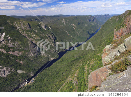 Aerial view at Acropole des Draveurs, Park of Hautes-Gorges-de-la-Riviere-Malbaie, Quebec, Canada Aerial view at Acropole des Draveurs, Park of Hautes-Gorges-de-la-Riviere-Malbaie, Quebec, Canada 142294594