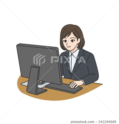 Women's gray suit, computer operation, office work, business. Women's gray suit, computer operation, office work, business. 142294889