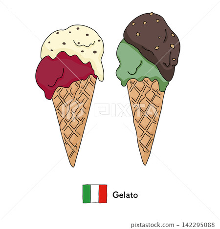 An illustration of Italian gelato served in a waffle cone. Summer sweets theme. An illustration of Italian gelato served in a waffle cone. Summer sweets theme. 142295088