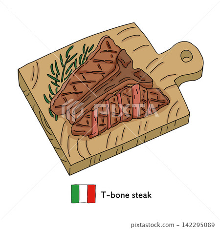 An illustration of a T-bone steak on a cutting board; Italian cooking ingredients. 142295089
