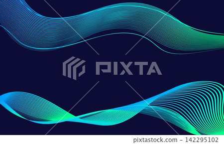 Dark blue background with neon wavy lines, vivid color premium pattern with copy space, luxury gradient guilloche curves. Vibrant vector banner, abstract dynamic flowing waves 142295102