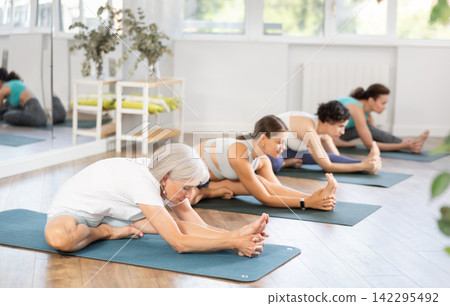 Diligent women doing body stretching before yoga class in light gym Diligent women doing body stretching before yoga class in light gym 142295492