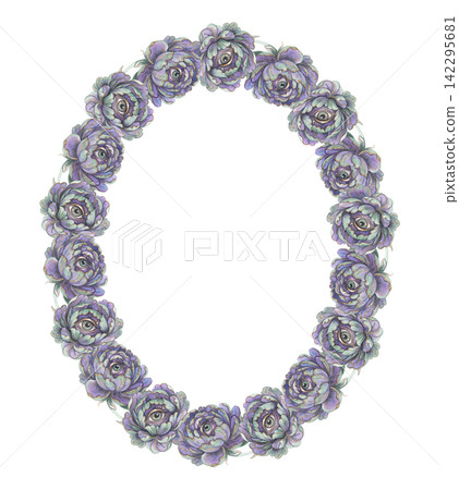 Watercolor eye flower oval wreath with violet peonies. Purple green petals create a gothic botanical frame design. Great for greeting card and invitation. Magic art suits Halloween poster and print. Watercolor eye flower oval wreath with violet peonies. Purple green petals create a gothic botanical frame design. Great for greeting card and invitation. Magic art suits Halloween poster and print. 142295681