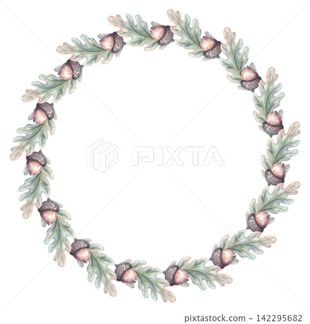 Watercolor acorn frame with autumn oak leaves design. Hand drawn nut form a round botanical wreath. Great for card invitation and season label. Natural graphic suits greeting and harvest print. Watercolor acorn frame with autumn oak leaves design. Hand drawn nut form a round botanical wreath. Great for card invitation and season label. Natural graphic suits greeting and harvest print. 142295682