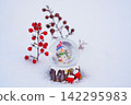 Nandina berries on the snow and a snow globe 142295983