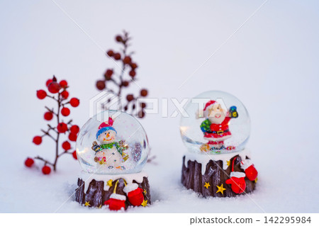 雪地上的南天竹漿果和一個雪景球 雪地上的南天竹漿果和一個雪景球 142295984