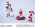 Nandina berries on the snow and a snow globe 142296014