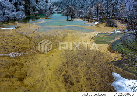 Turquoise pools and snow covered trees, winter travertine ponds of Huanglong, Sichuan, China Turquoise pools and snow covered trees, winter travertine ponds of Huanglong, Sichuan, China 142296069