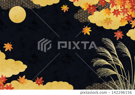 美麗優雅的日式秋季背景,以月亮、蒲葦、秋葉和金色雲朵為特色。 美麗優雅的日式秋季背景,以月亮、蒲葦、秋葉和金色雲朵為特色。 142296156