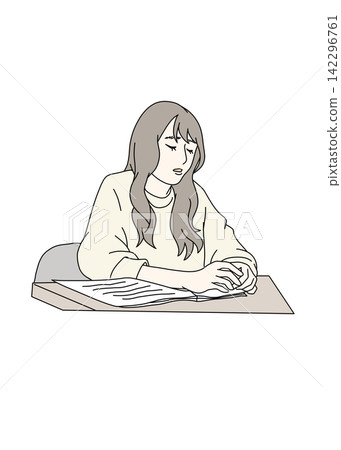 一幅描繪一位女士坐在辦公桌前,工作後顯得疲憊不堪的插圖。 一幅描繪一位女士坐在辦公桌前,工作後顯得疲憊不堪的插圖。 142296761