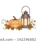 Autumn decorations featuring Halloween pumpkins and lanterns 142296882