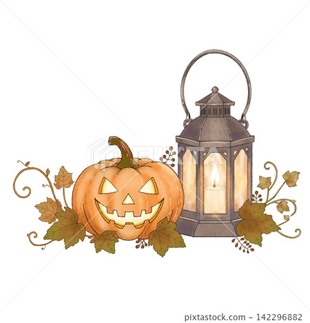 Autumn decorations featuring Halloween pumpkins and lanterns 142296882