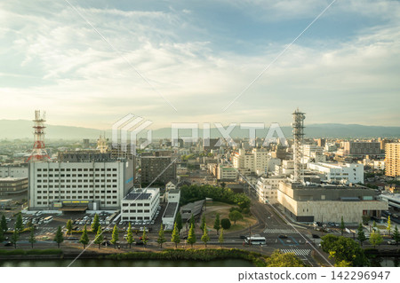 Aerial view of Saga cityscape and skyline at golden hour sunset, Japan 142296947