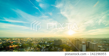 Aerial view of Saga cityscape and skyline at golden hour sunset, Japan Aerial view of Saga cityscape and skyline at golden hour sunset, Japan 142296955