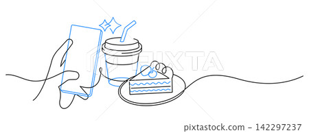 bakery lover taking photo of cake and cold drink line art bakery lover taking photo of cake and cold drink line art 142297237