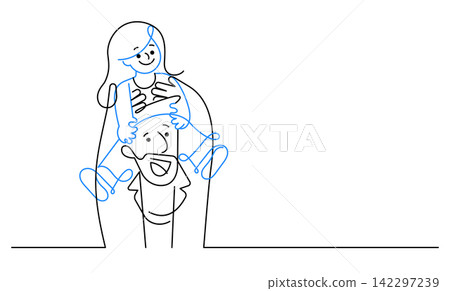 father carrying daughter sitting on shoulders single line art illustration 142297239