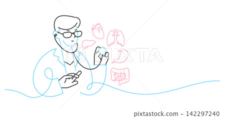 doctor character using stethoscope auscultation thin line illustration 142297240