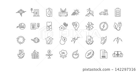 Renewable Energy and Green Technology Line Icons Set for Sustainable Solutions Renewable Energy and Green Technology Line Icons Set for Sustainable Solutions 142297316