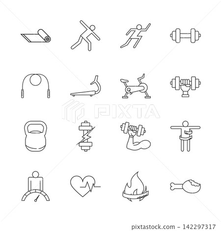 Fitness and Gym Line Icons Collection with Exercise Equipment and Healthy Lifestyle Symbols 142297317