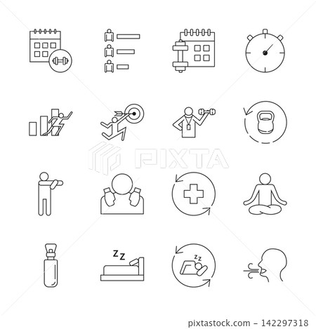 Minimalist Fitness Schedule and Wellness Line Icon Set Minimalist Fitness Schedule and Wellness Line Icon Set 142297318