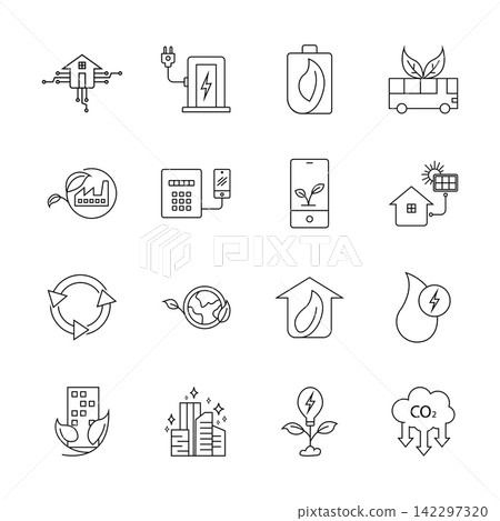 Eco Friendly City and Smart Green Tech Line Icon Set Eco Friendly City and Smart Green Tech Line Icon Set 142297320
