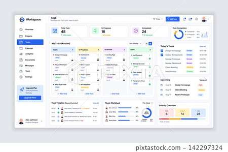 Task Management Dashboard UI Template with Kanban Board and Team Workload Task Management Dashboard UI Template with Kanban Board and Team Workload 142297324