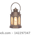 An illustration of antique lanterns and candlelight. 142297347