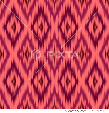 Hand-drawn Ikat Seamless Pattern with Rich Red and Dark Purple Diamonds, Luxurious Geometric Fabric for Dramatic Fashion and Statement Interior Decor 142297516