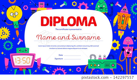 Kids diploma with funny cartoon robot droids and retro bots characters. Diploma certificate template for kids kindergarten or preschool award document with cute robots and robotic transformers Kids diploma with funny cartoon robot droids and retro bots characters. Diploma certificate template for kids kindergarten or preschool award document with cute robots and robotic transformers 142297557
