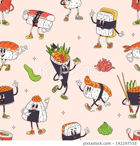 Cartoon cute groovy Japanese rice sushi and roll food characters in pattern background. Cartoon sushi onigiri with shrimp and wasabi, funny happy squid sashimi and salmon sushi or maki roll on feet Cartoon cute groovy Japanese rice sushi and roll food characters in pattern background. Cartoon sushi onigiri with shrimp and wasabi, funny happy squid sashimi and salmon sushi or maki roll on feet 142297558