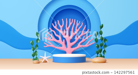 Cosmetic product podium stage with coral and seaweeds in underwater, vector background. Realistic podium stage with sea or ocean waves for product display, underwater coral and seaweeds with starfish Cosmetic product podium stage with coral and seaweeds in underwater, vector background. Realistic podium stage with sea or ocean waves for product display, underwater coral and seaweeds with starfish 142297561