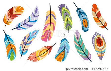 Ethnic indigenous bird feathers icons set featuring bohemian and native American tribal bird plumes. Boho quill accessories decorated with tribal patterns, dots and geometric shapes for apparel prints Ethnic indigenous bird feathers icons set featuring bohemian and native American tribal bird plumes. Boho quill accessories decorated with tribal patterns, dots and geometric shapes for apparel prints 142297563
