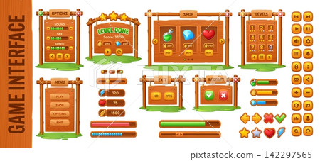 Wooden game UI interface buttons and level window, retro signboard loading scale and menu frame, adventure game indicators and rewards. Complete UI interface with progress bars for indie games Wooden game UI interface buttons and level window, retro signboard loading scale and menu frame, adventure game indicators and rewards. Complete UI interface with progress bars for indie games 142297565