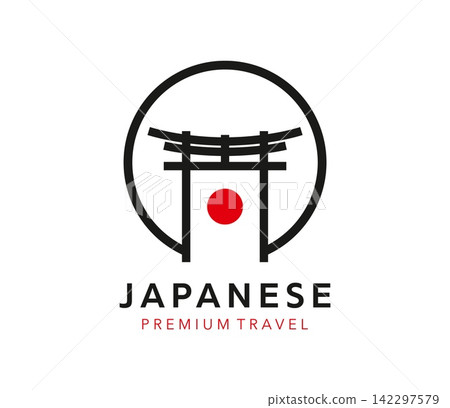 Japanese Torii gate icon with red sun. Asian emblem badge inspired by traditional Shinto shrine architecture, representing Japan culture, travel or heritage. Vintage Japan landmark Tori building Japanese Torii gate icon with red sun. Asian emblem badge inspired by traditional Shinto shrine architecture, representing Japan culture, travel or heritage. Vintage Japan landmark Tori building 142297579