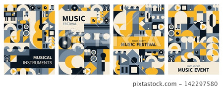 Live music and sound festival posters with geometric pattern abstract shapes, musical instruments, audio icons, and bold typography in retro colors. Templates for concert, live event and entertainment 142297580
