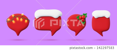 Christmas red speech bubble chat icons, talk balloon frame and dialog boxes. 3d speech clouds with snow, holly berries and light garlands. Winter Xmas holiday empty chat boxes for festive messages Christmas red speech bubble chat icons, talk balloon frame and dialog boxes. 3d speech clouds with snow, holly berries and light garlands. Winter Xmas holiday empty chat boxes for festive messages 142297583