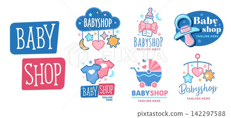 Baby shop icons, cradle and rattle toys, stroller and cloth. Newborn and toddler store symbols with cute kid boy and girl clothes, baby bottle, pacifier and crib mobiles signs set for shop or store Baby shop icons, cradle and rattle toys, stroller and cloth. Newborn and toddler store symbols with cute kid boy and girl clothes, baby bottle, pacifier and crib mobiles signs set for shop or store 142297588