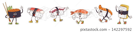 Cartoon retro groovy japanese rice sushi and cute roll characters. Cartoon happy shrimp ebi, egg tamago and salmon fish sake, octopus taco and crab stick kani nigiri sushi, roe ikura gunkan maki sushi 142297592
