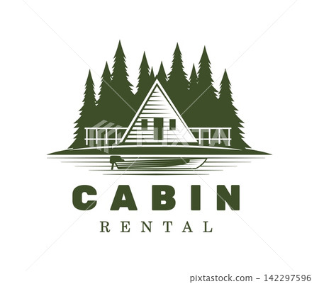 Forest lodge, fishing cabin rent and lake camp icon for vacation rental or fishing camp. Rustic cabin rental emblem showing an A frame lodge on lakeshore with small fishing boat and dense pine forest Forest lodge, fishing cabin rent and lake camp icon for vacation rental or fishing camp. Rustic cabin rental emblem showing an A frame lodge on lakeshore with small fishing boat and dense pine forest 142297596