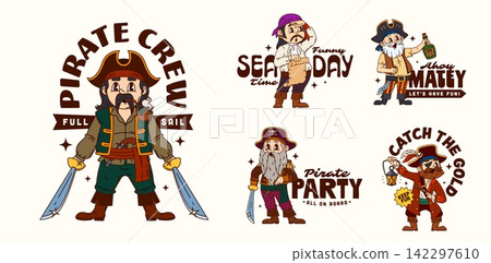 Cartoon y2k pirate and corsair groovy stickers with nautical slogans featuring sea captains Full sail, Pirate crew, Sea time, Funny day, Ahoy Matey, All on Board, Catch the gold. Tshirt print or badge Cartoon y2k pirate and corsair groovy stickers with nautical slogans featuring sea captains Full sail, Pirate crew, Sea time, Funny day, Ahoy Matey, All on Board, Catch the gold. Tshirt print or badge 142297610
