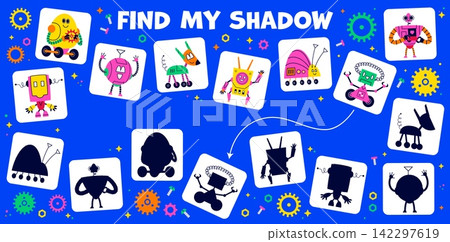 Game worksheet, find correct shadow of funny robot droids. Kids educational game featuring matching puzzle activity with robot silhouettes. Vibrant kids logic worksheet for preschool learning books Game worksheet, find correct shadow of funny robot droids. Kids educational game featuring matching puzzle activity with robot silhouettes. Vibrant kids logic worksheet for preschool learning books 142297619